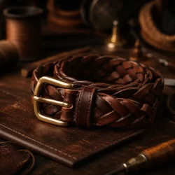 Braided leather belt on workbench