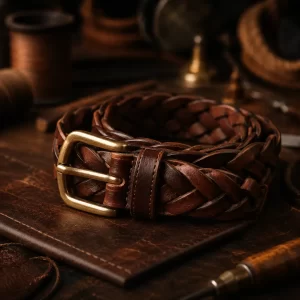 Braided leather belt on workbench