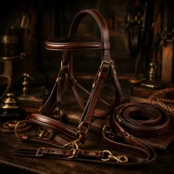 Handcrafted equestrian tack in warm light