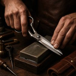 Sharpening scissors in a craftsman's workshop